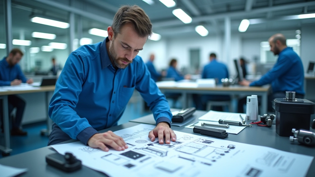 Inženýr studuje schéma baterie elektromobilu na pracovní ploše v technologickém středisku