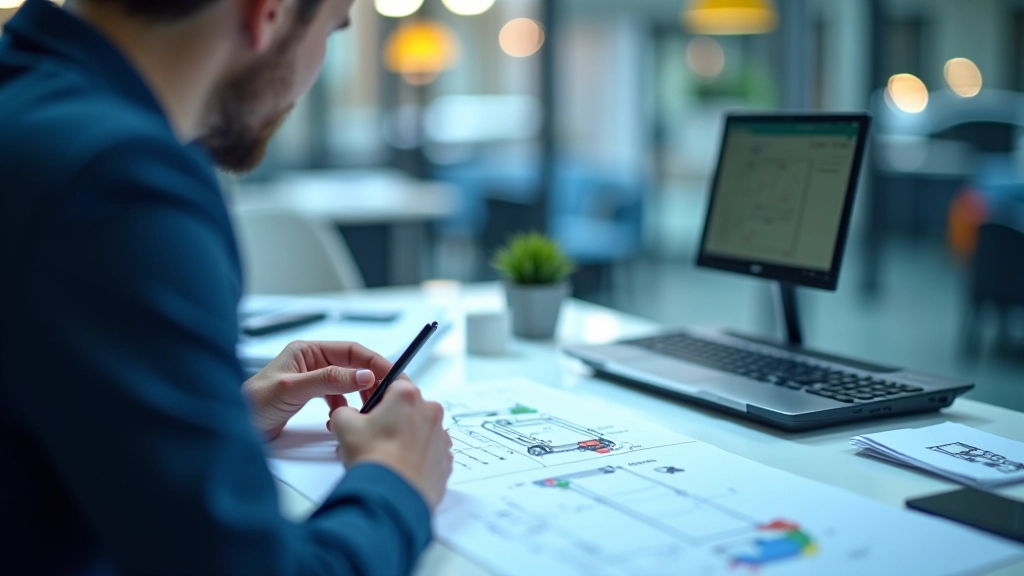 Inženýr studující schéma elektrických součástek elektromobilu na moderní pracovní ploše