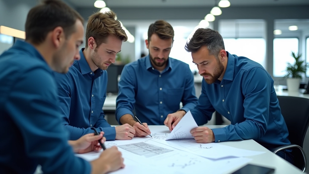 Tým inženýrů diskutuje u technického výkresu vysokonapěťového systému v moderní kanceláři