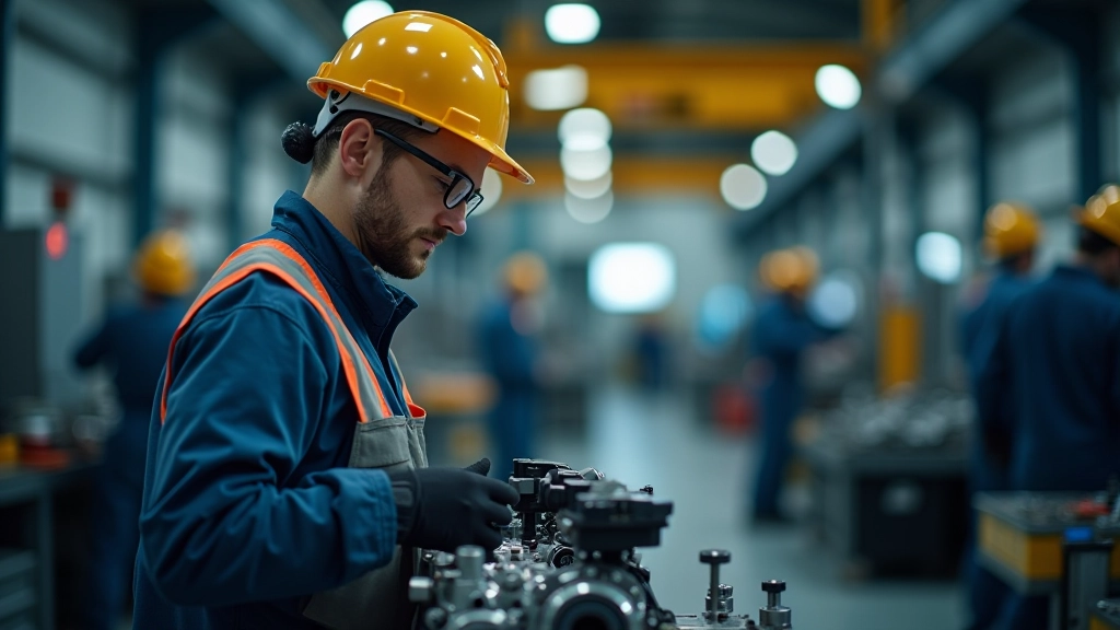 Pracovník v průmyslovém oblečení pracuje s elektrickými součástkami v moderní fabrice