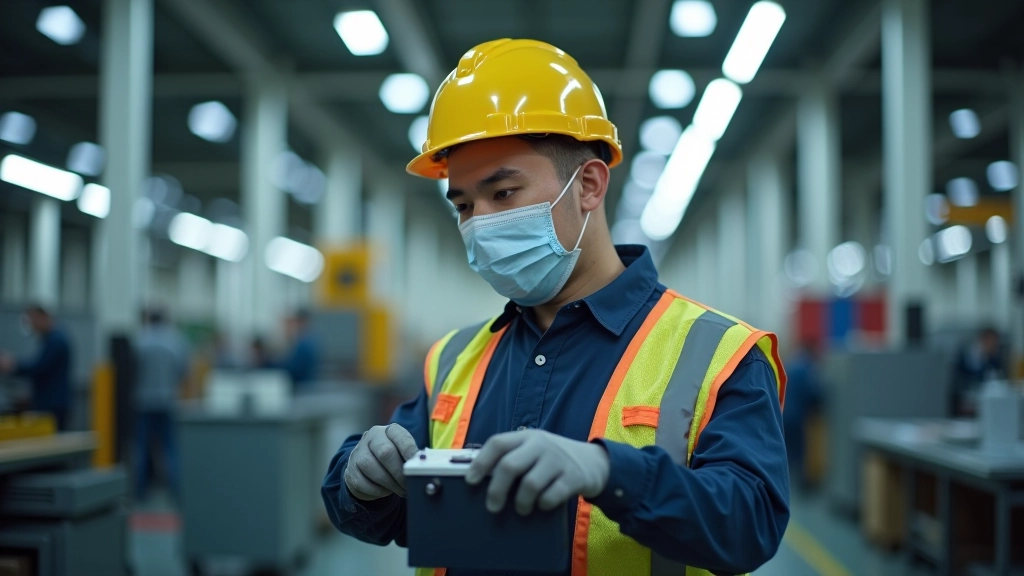 Pracovník v ochranném oděvu pracuje s baterií elektromobilu