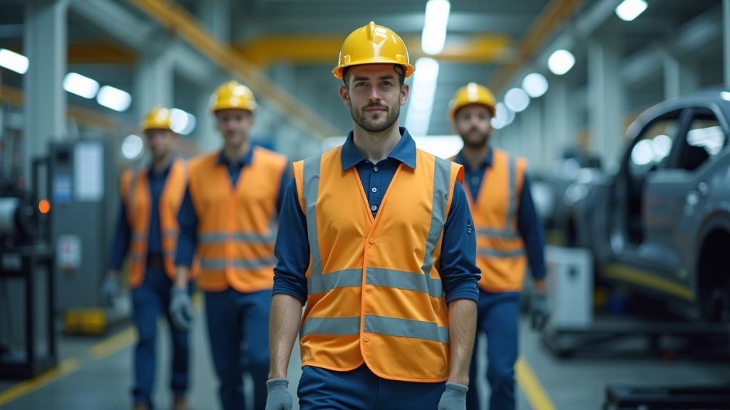 Pracovníci v bezpečnostních vestách procházejí moderní fabrikou s elektrickými komponenty