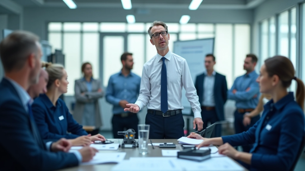 Instruktor v klasické místnosti školí skupinu pracovníků s technickými schématy a elektrickými komponentami