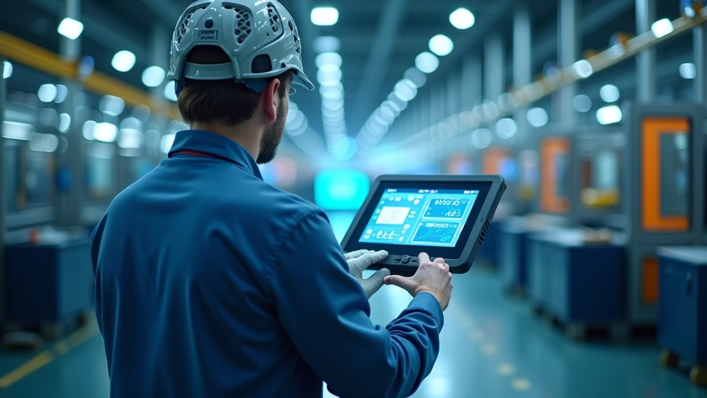 Výrobní hala s moderním zařízením a obsluhou kontrolující výrobní proces na obrazovce