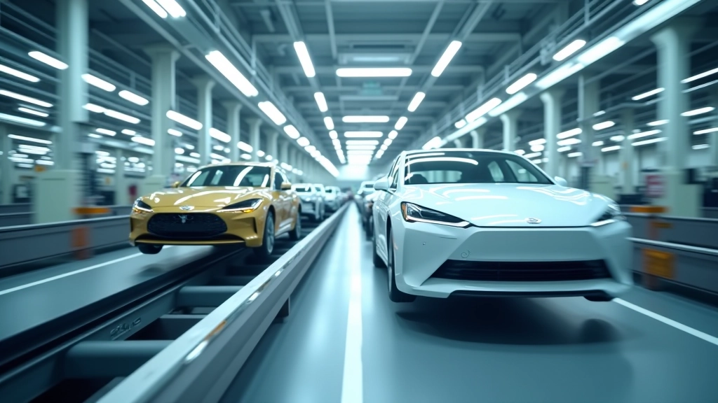 Moderní automobilová výrobna s roboty a elektromobily na výrobní lince