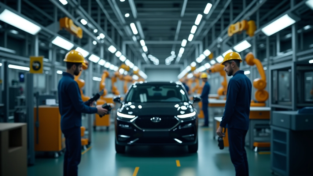 Výrobní linka moderního automobilového závodu s roboty a zaměstnanci v ochranných oděvech