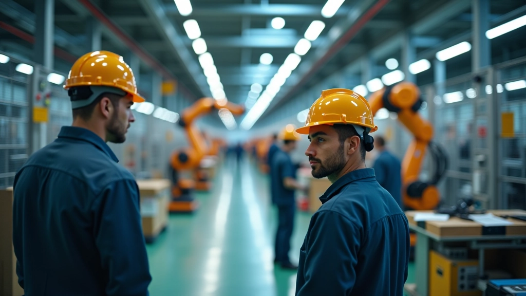 Moderní továrna s robotickou automatikou a pracovníky v bezpečnostních helmách